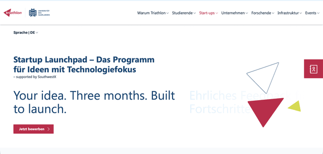 Screenshot der Startup-Launchpad-Programmseite auf uds-triathlon.de