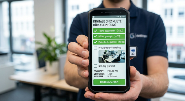 Hand mit Smartphone scannt NFC-Tag